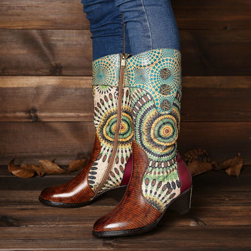 Socofy Bottes De Cow-boy Western À Fermeture Éclair Motif Tribal Pour Femme