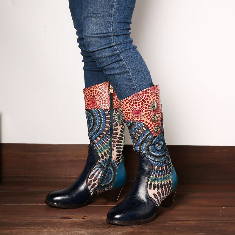 Socofy Bottes De Cow-boy Western À Fermeture Éclair Motif Tribal Pour Femme