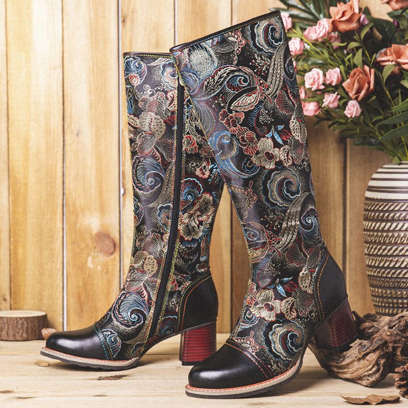 Socofy Bottes Mi-mollet Chaudes En Cuir De Vachette À Imprimé Floral Et Antidérapantes Casaul