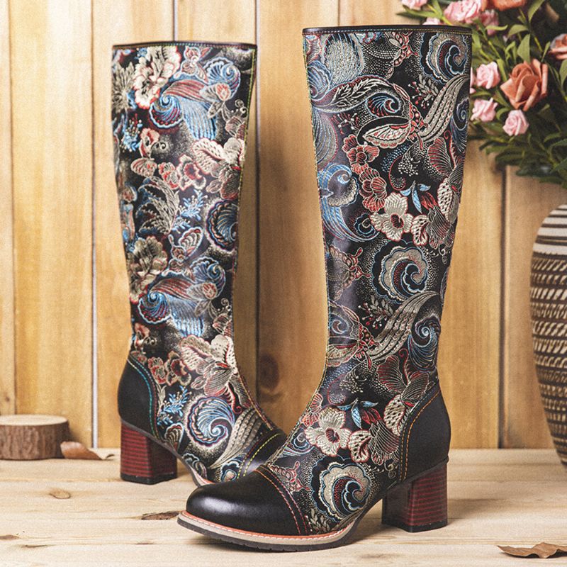 Socofy Bottes Mi-mollet Chaudes En Cuir De Vachette À Imprimé Floral Et Antidérapantes Casaul