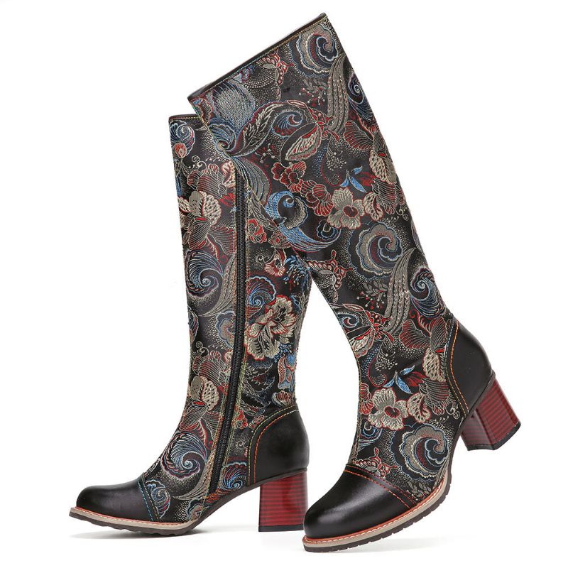 Socofy Bottes Mi-mollet Chaudes En Cuir De Vachette À Imprimé Floral Et Antidérapantes Casaul