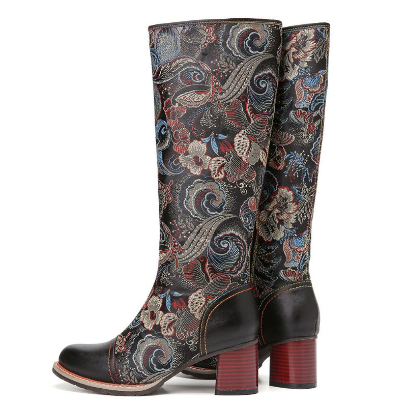 Socofy Bottes Mi-mollet Chaudes En Cuir De Vachette À Imprimé Floral Et Antidérapantes Casaul