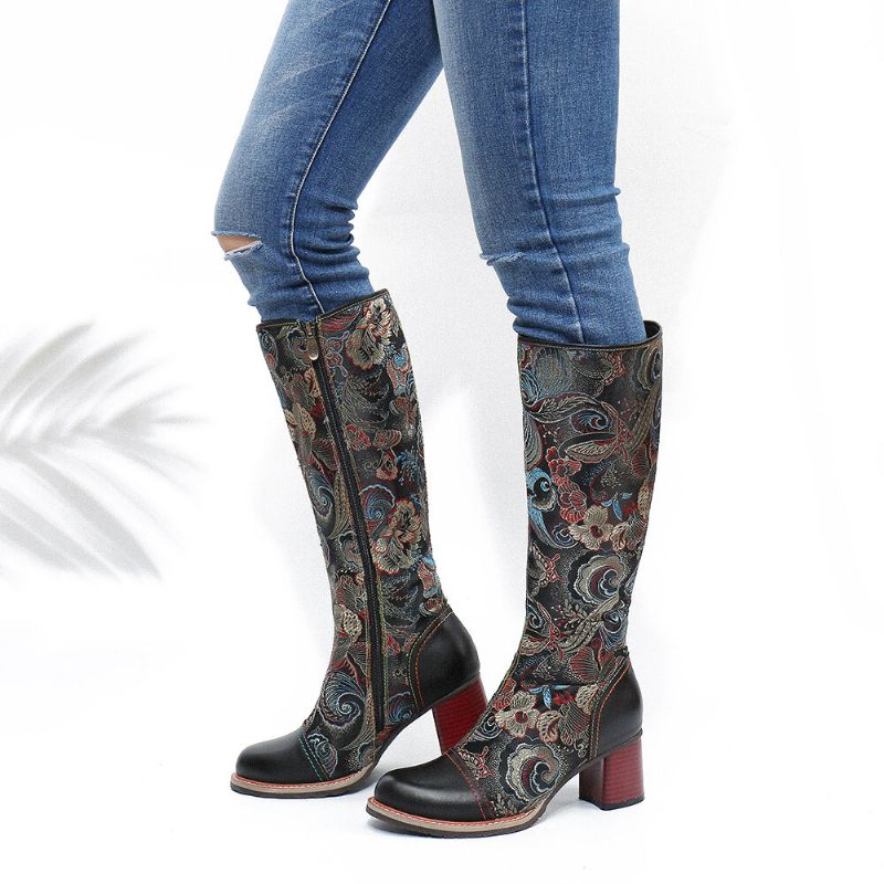 Socofy Bottes Mi-mollet Chaudes En Cuir De Vachette À Imprimé Floral Et Antidérapantes Casaul