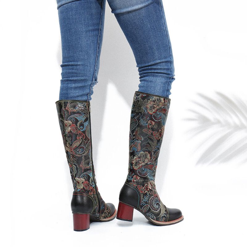 Socofy Bottes Mi-mollet Chaudes En Cuir De Vachette À Imprimé Floral Et Antidérapantes Casaul