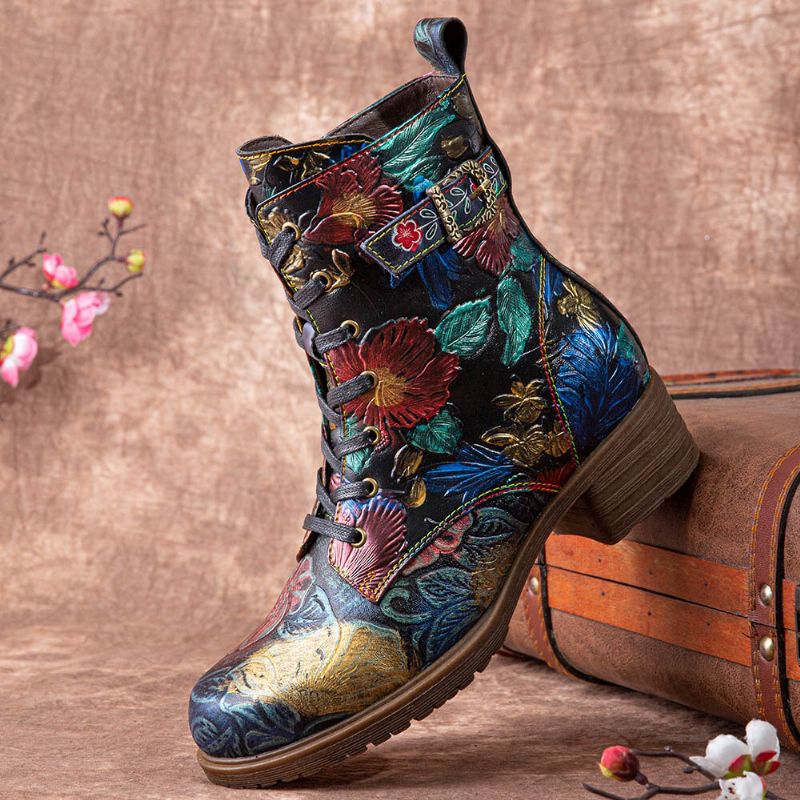 Socofy Bottes Mi-mollet Confortables À Lacets En Cuir À Imprimé Floral Rétro Pour Femmes