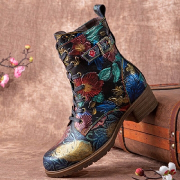 Socofy Bottes Mi-mollet Confortables À Lacets En Cuir À Imprimé Floral Rétro Pour Femmes