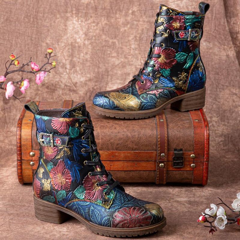 Socofy Bottes Mi-mollet Confortables À Lacets En Cuir À Imprimé Floral Rétro Pour Femmes