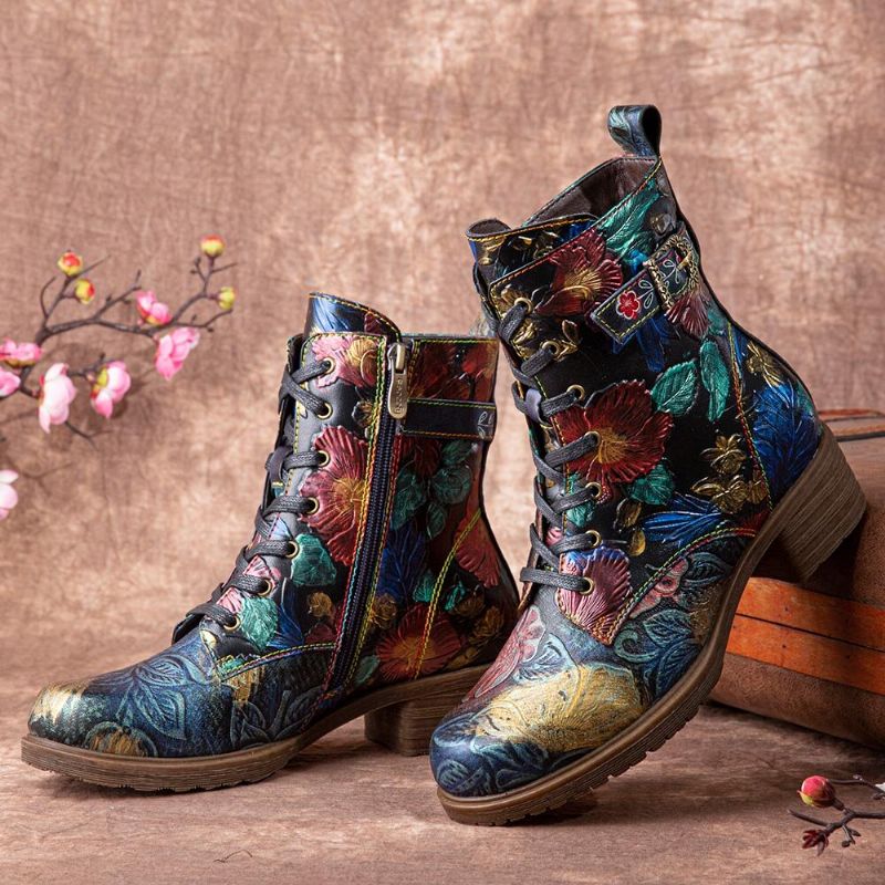 Socofy Bottes Mi-mollet Confortables À Lacets En Cuir À Imprimé Floral Rétro Pour Femmes