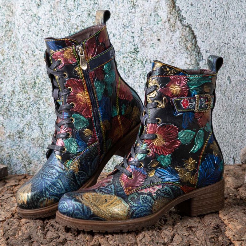 Socofy Bottes Mi-mollet Confortables À Lacets En Cuir À Imprimé Floral Rétro Pour Femmes