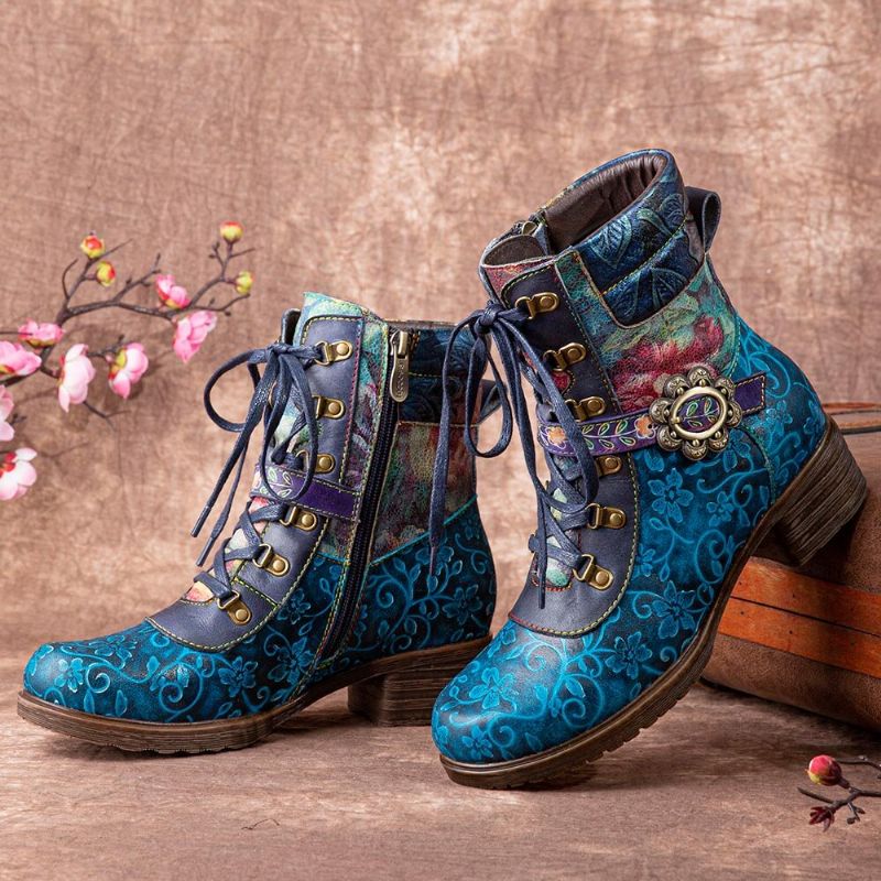 Socofy Bottes Mi-mollet À Lacets Confortables En Cuir À Imprimé Floral Rétro Pour Femmes