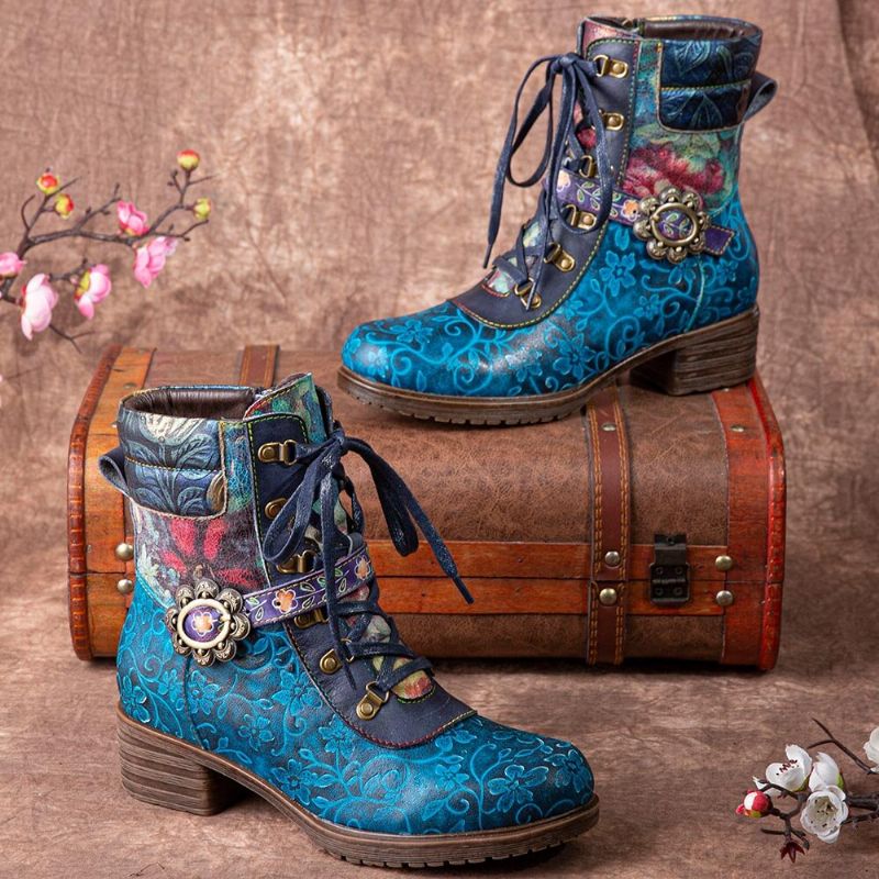 Socofy Bottes Mi-mollet À Lacets Confortables En Cuir À Imprimé Floral Rétro Pour Femmes