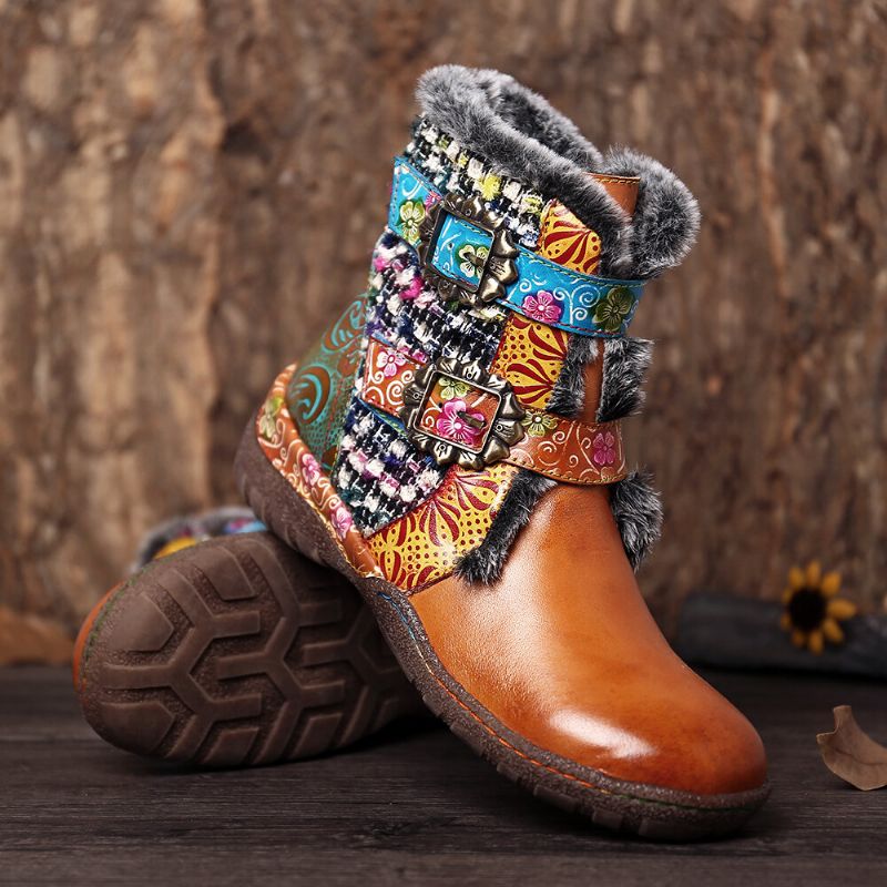 Socofy Bottes Plates En Cuir Véritable Super Doux Avec Coutures Colorées Et Doublure Chaude