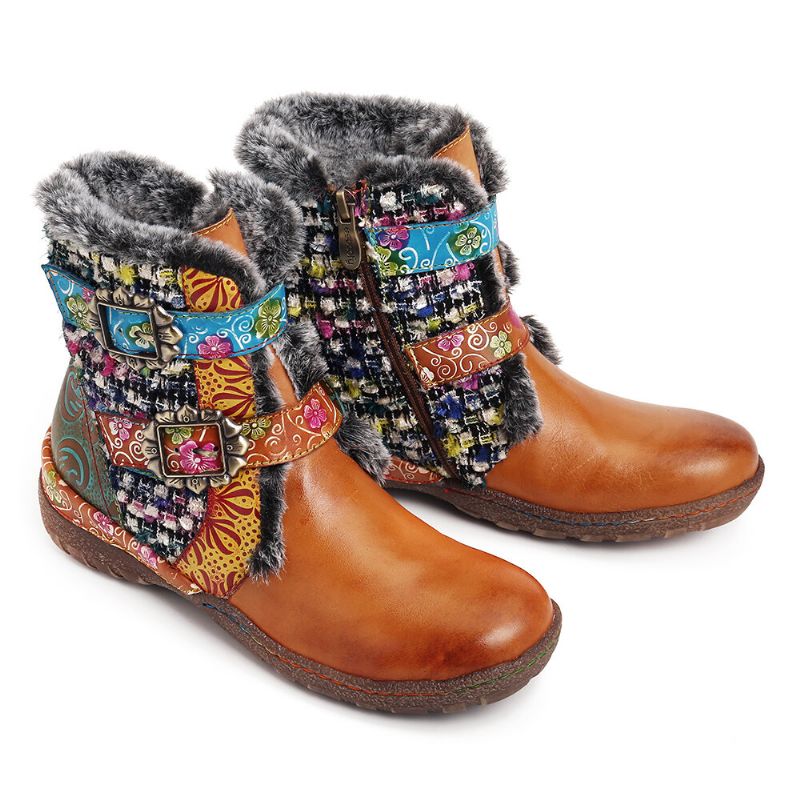 Socofy Bottes Plates En Cuir Véritable Super Doux Avec Coutures Colorées Et Doublure Chaude