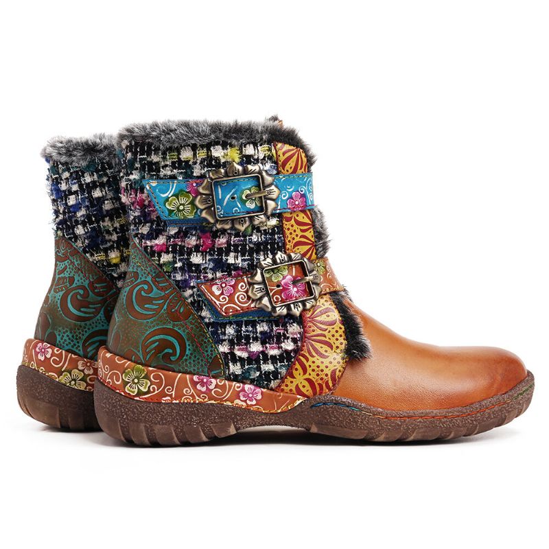 Socofy Bottes Plates En Cuir Véritable Super Doux Avec Coutures Colorées Et Doublure Chaude