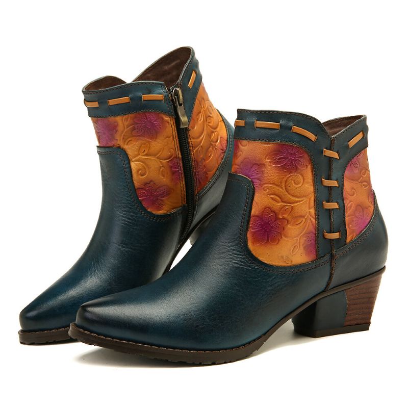 Socofy Bottes À Talons Bas À Bout En Amande Avec Coutures En Relief Cowgirl Occidentales Simples