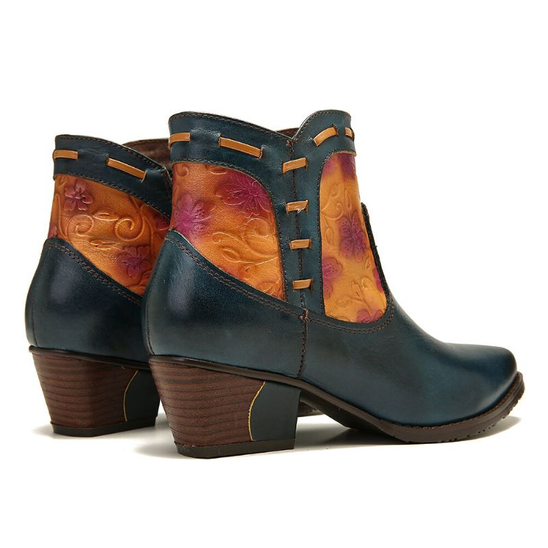 Socofy Bottes À Talons Bas À Bout En Amande Avec Coutures En Relief Cowgirl Occidentales Simples