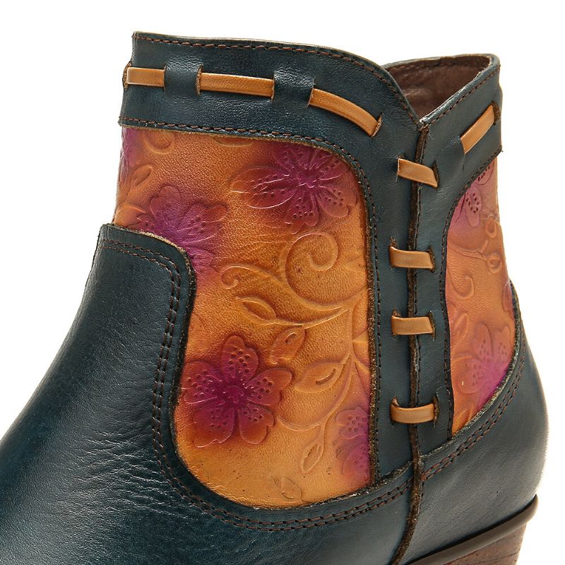 Socofy Bottes À Talons Bas À Bout En Amande Avec Coutures En Relief Cowgirl Occidentales Simples