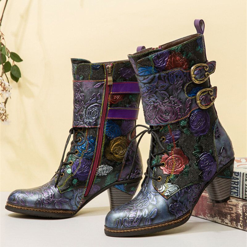 Socofy Bottes À Talons Épais Décontractées En Cuir Véritable Gaufré À Fleurs Vintage