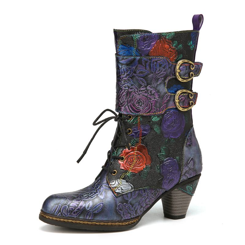 Socofy Bottes À Talons Épais Décontractées En Cuir Véritable Gaufré À Fleurs Vintage