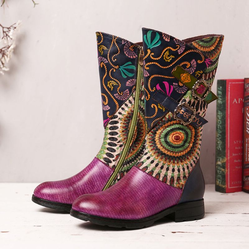 Socofy Bottes Western Mi-mollet Mi-mollet Zippées À Motif Tribal Pour Femme