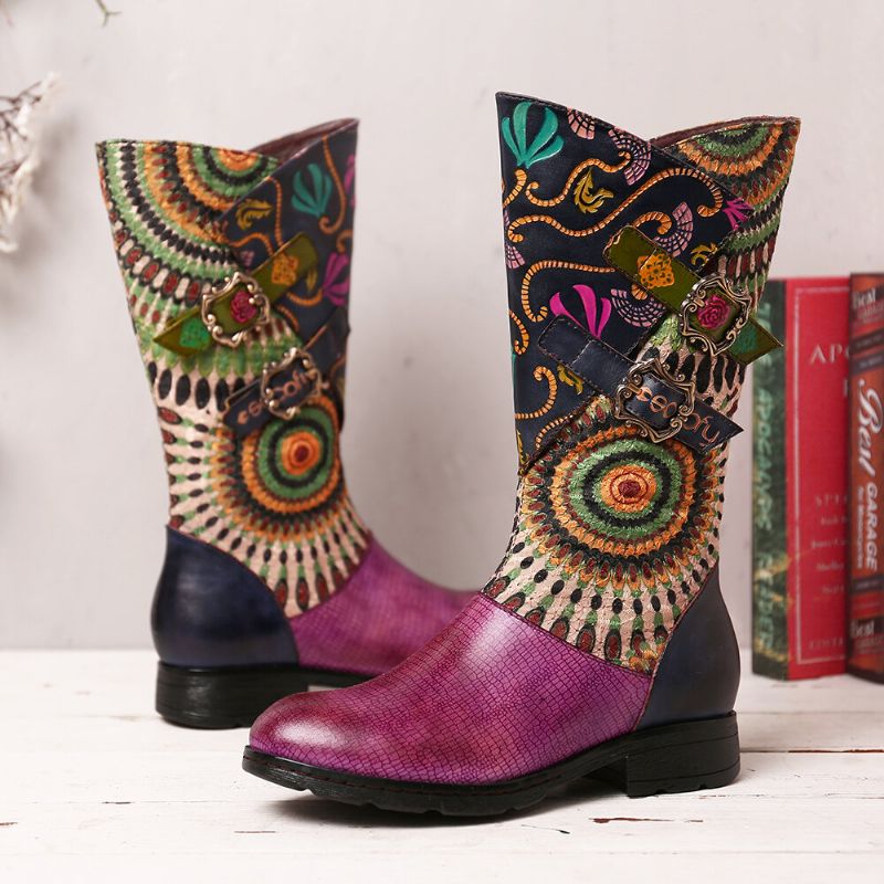 Socofy Bottes Western Mi-mollet Mi-mollet Zippées À Motif Tribal Pour Femme