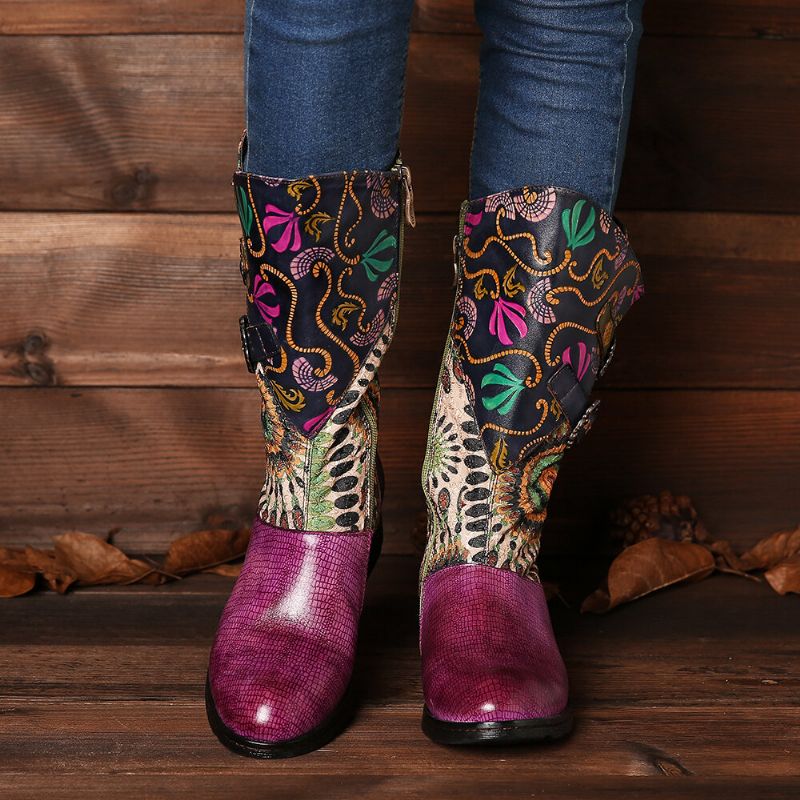 Socofy Bottes Western Mi-mollet Mi-mollet Zippées À Motif Tribal Pour Femme