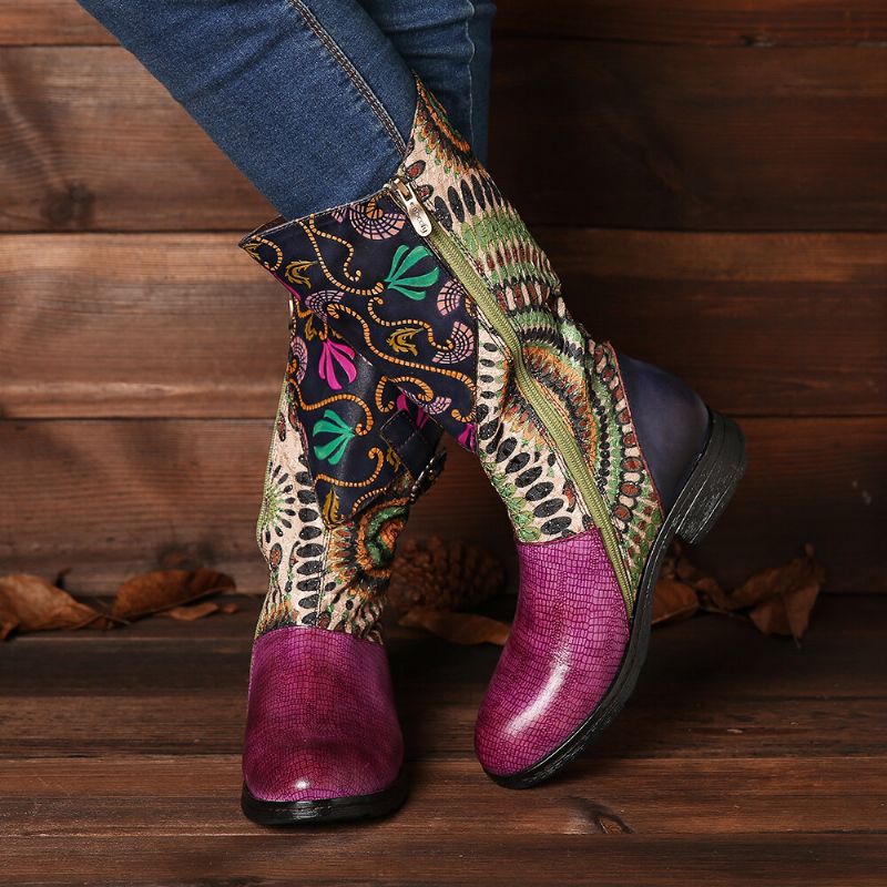 Socofy Bottes Western Mi-mollet Mi-mollet Zippées À Motif Tribal Pour Femme