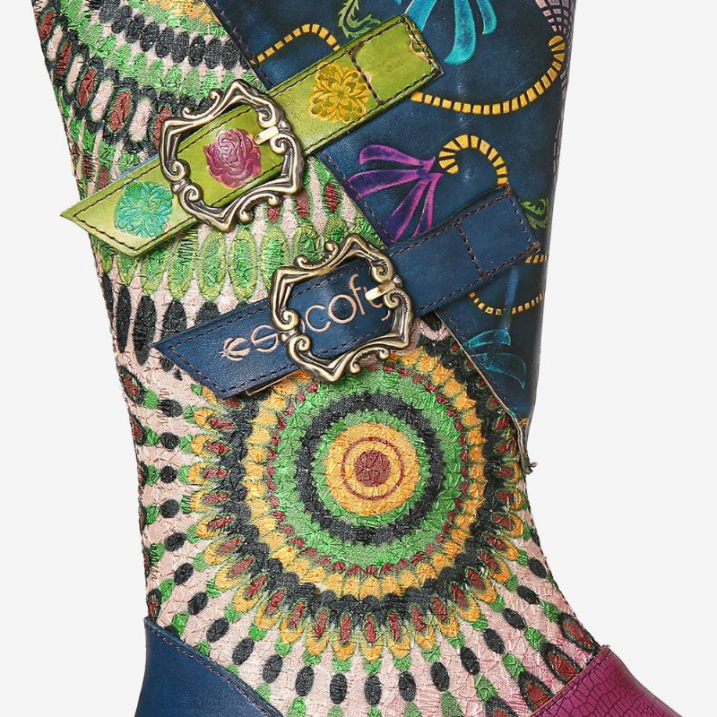 Socofy Bottes Western Mi-mollet Mi-mollet Zippées À Motif Tribal Pour Femme