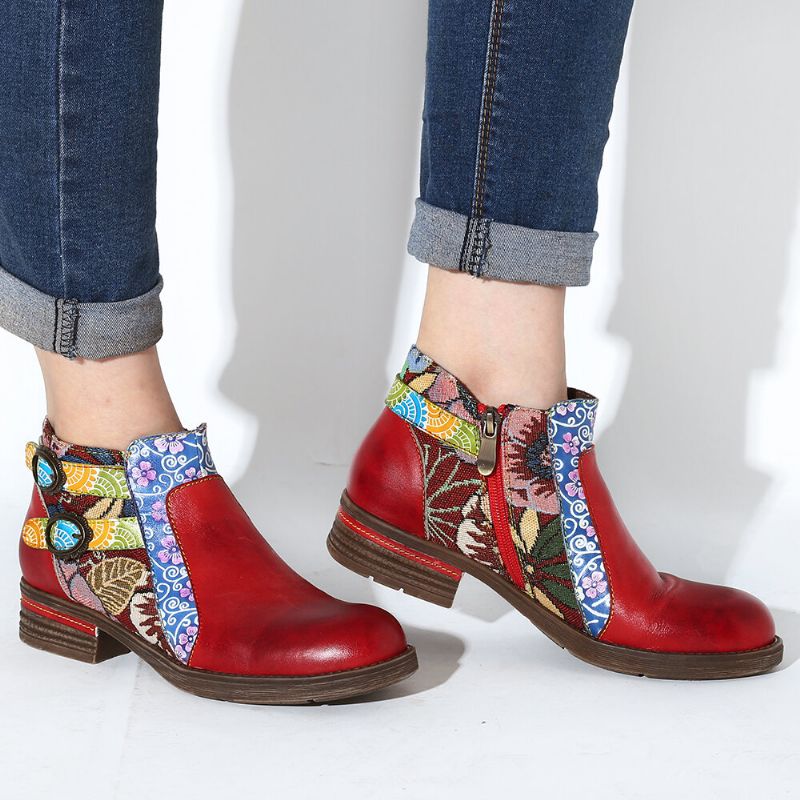 Socofy Bottines Chelsea En Cuir À Motif Floral Antidérapantes À Bout Rond Et À Fermeture Éclair