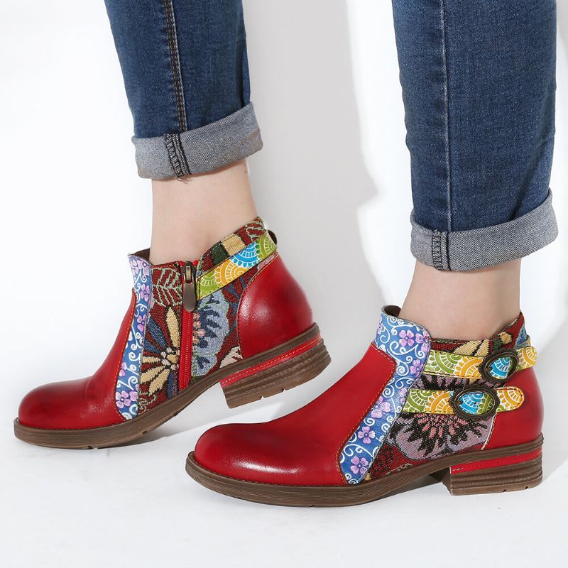 Socofy Bottines Chelsea En Cuir À Motif Floral Antidérapantes À Bout Rond Et À Fermeture Éclair