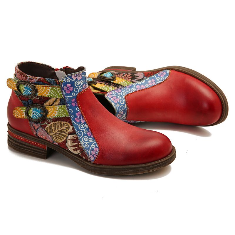 Socofy Bottines Chelsea En Cuir À Motif Floral Antidérapantes À Bout Rond Et À Fermeture Éclair