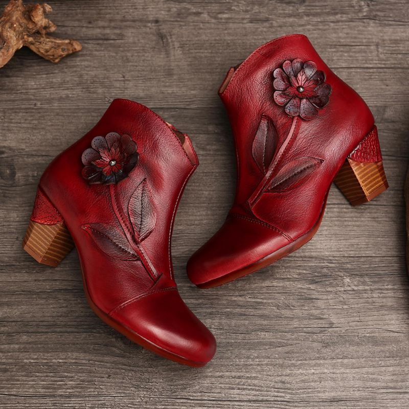 Socofy Bottines Courtes Décontractées En Cuir Véritable À Fleurs Rétro Pour Femmes