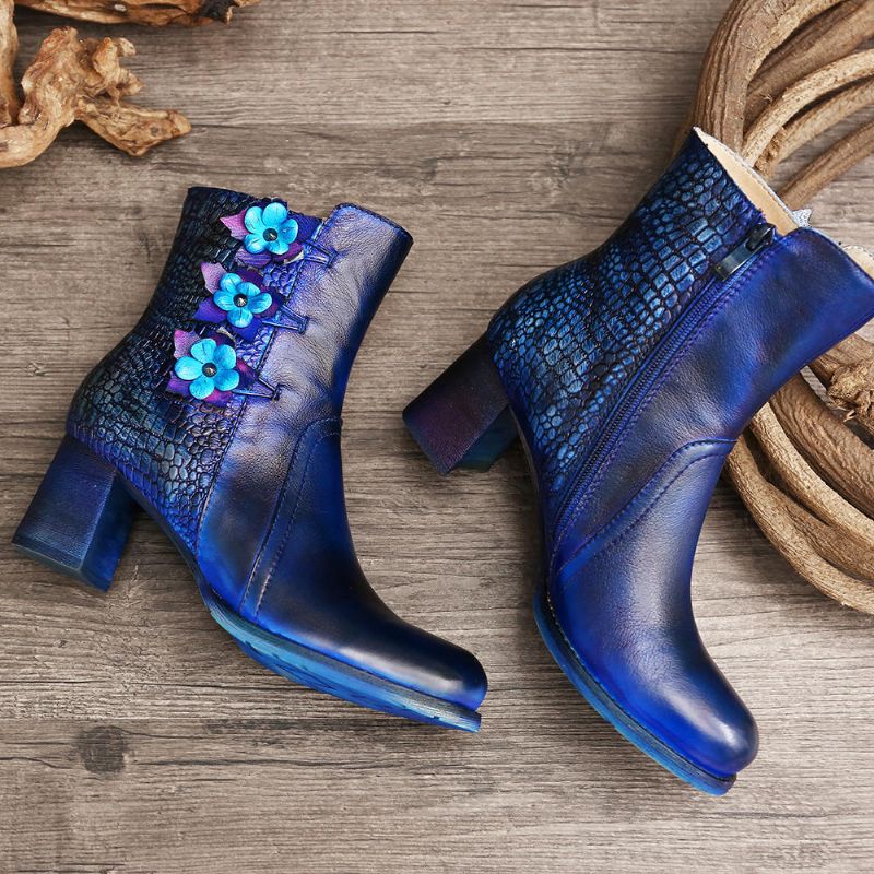 Socofy Bottines En Cuir À Fleurs Faites À La Main Pour Femmes