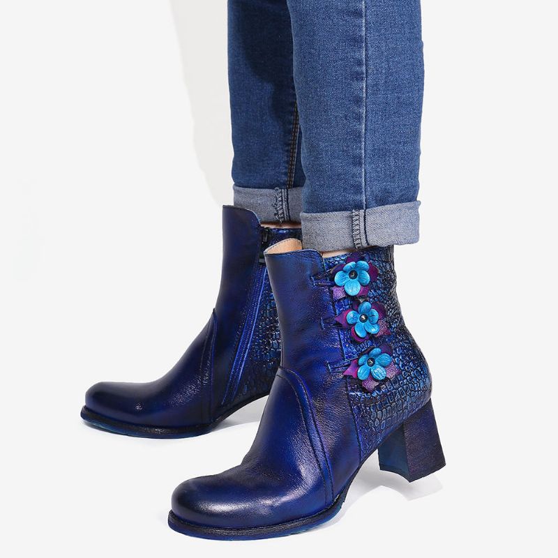 Socofy Bottines En Cuir À Fleurs Faites À La Main Pour Femmes