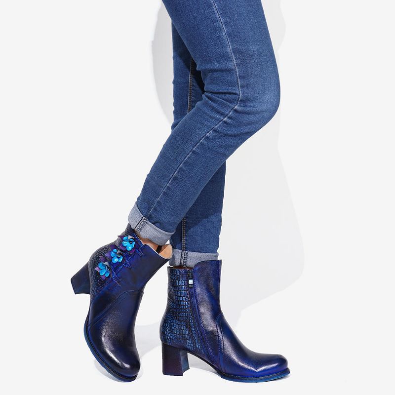 Socofy Bottines En Cuir À Fleurs Faites À La Main Pour Femmes