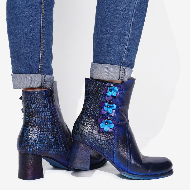 Socofy Bottines En Cuir À Fleurs Faites À La Main Pour Femmes