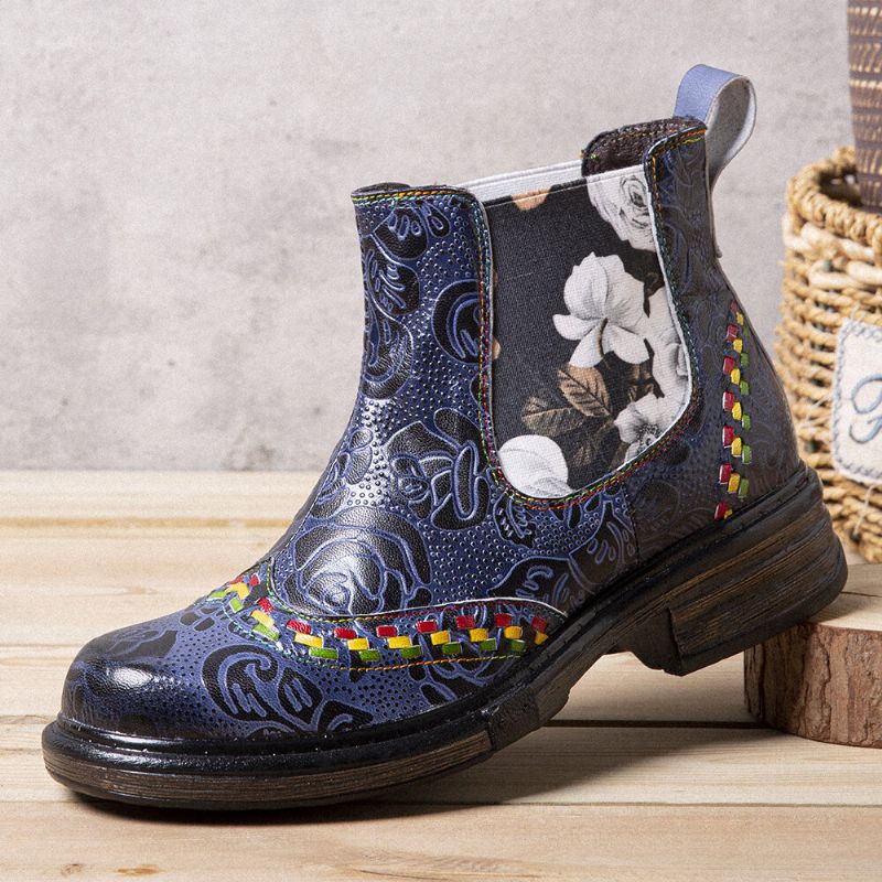 Socofy Bottines En Cuir Rétro À Motif Floral Et Patchwork Pour Femmes