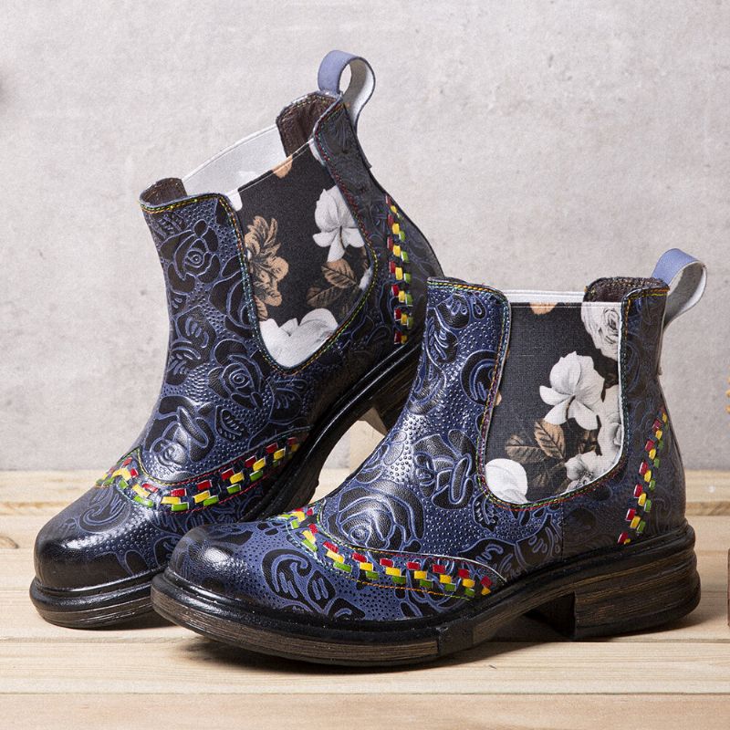 Socofy Bottines En Cuir Rétro À Motif Floral Et Patchwork Pour Femmes