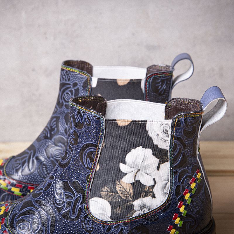 Socofy Bottines En Cuir Rétro À Motif Floral Et Patchwork Pour Femmes