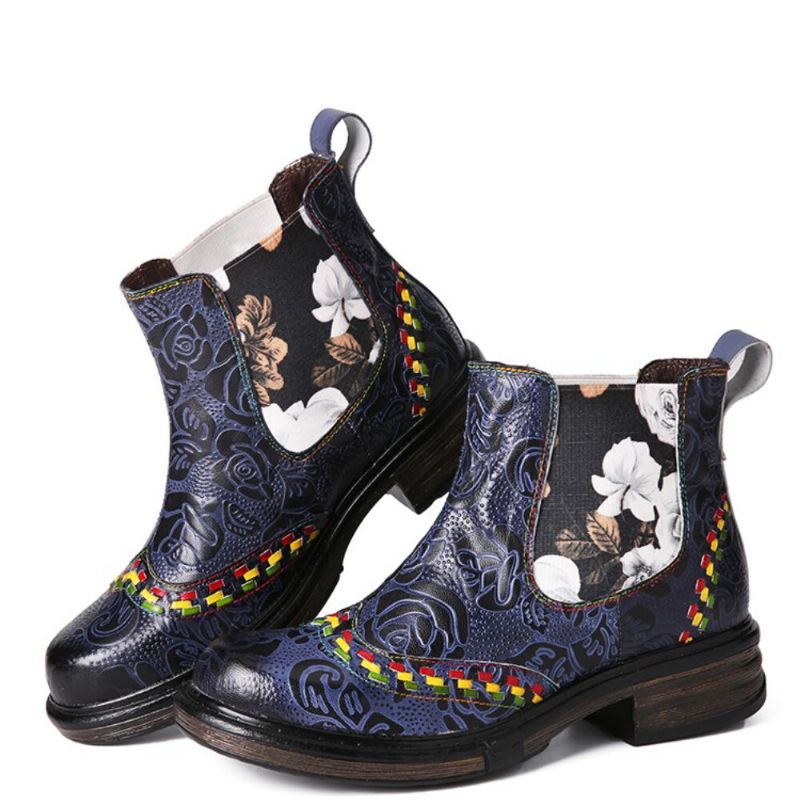 Socofy Bottines En Cuir Rétro À Motif Floral Et Patchwork Pour Femmes