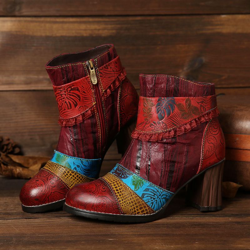 Socofy Bottines En Cuir Véritable À Motif De Feuilles En Relief À Talons Hauts Et Fermeture À Glissière