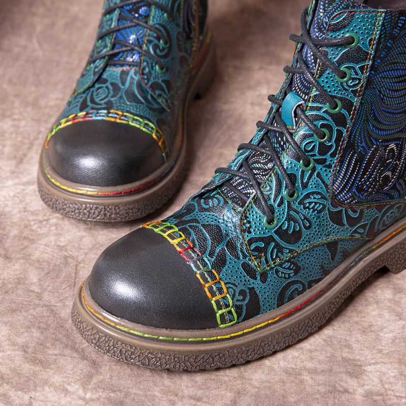 Socofy Bottines À Lacets En Cuir Véritable À Imprimé Floral Rétro Pour Femmes