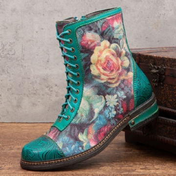 Socofy Bottines À Lacets En Cuir Véritable À Imprimé Floral Rétro Pour Femmes