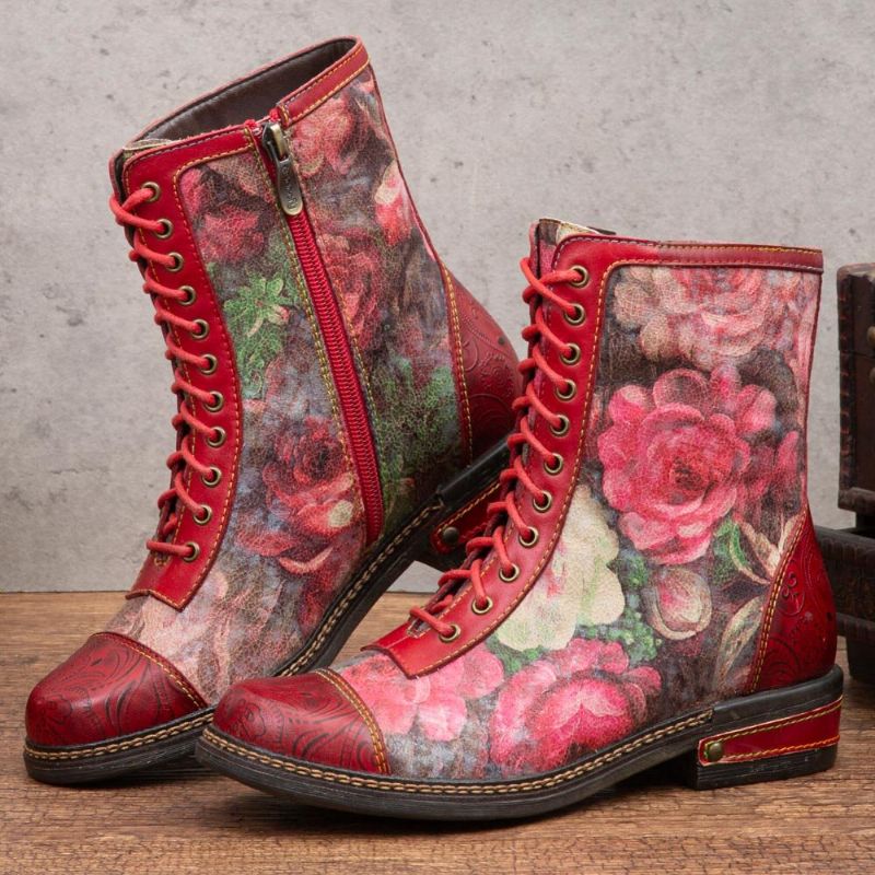 Socofy Bottines À Lacets En Cuir Véritable À Imprimé Floral Rétro Pour Femmes