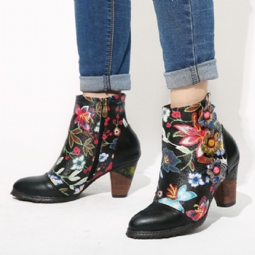 Socofy Bottines À Talons Empilés À Doublure Chaude Et À Fleurs Noires Pour Femmes