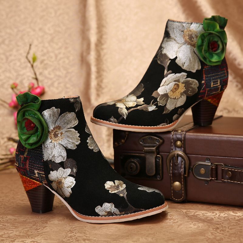 Socofy Bottines À Talons Hauts En Cuir Véritable À Fleurs Vertes