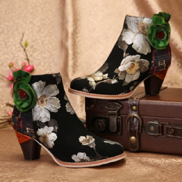 Socofy Bottines À Talons Hauts En Cuir Véritable À Fleurs Vertes