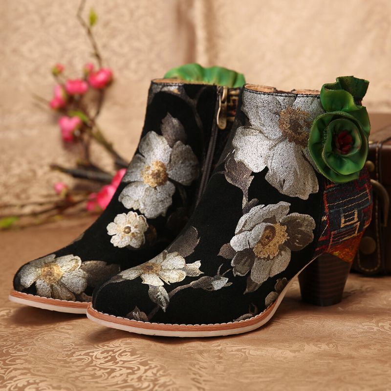 Socofy Bottines À Talons Hauts En Cuir Véritable À Fleurs Vertes