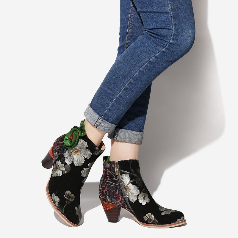 Socofy Bottines À Talons Hauts En Cuir Véritable À Fleurs Vertes