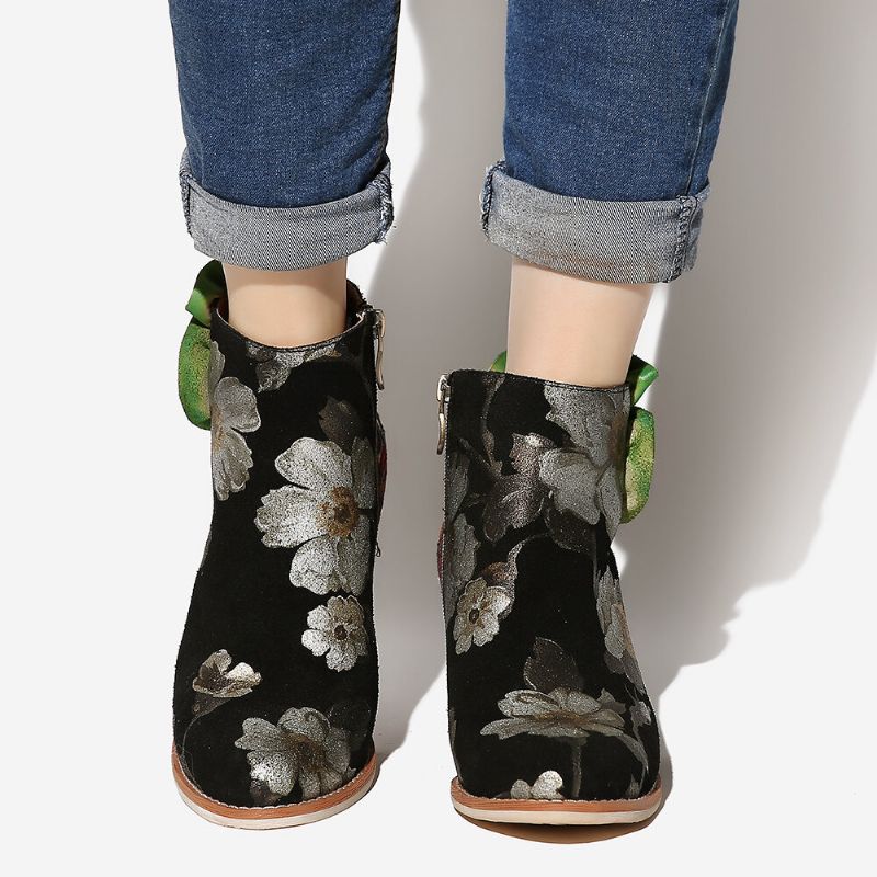 Socofy Bottines À Talons Hauts En Cuir Véritable À Fleurs Vertes